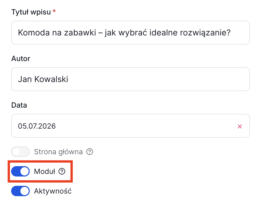 wpisy muszą mieć włączoną opcję moduł