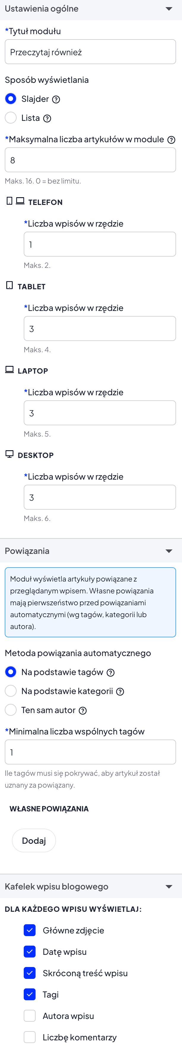 widok ustawień modułu