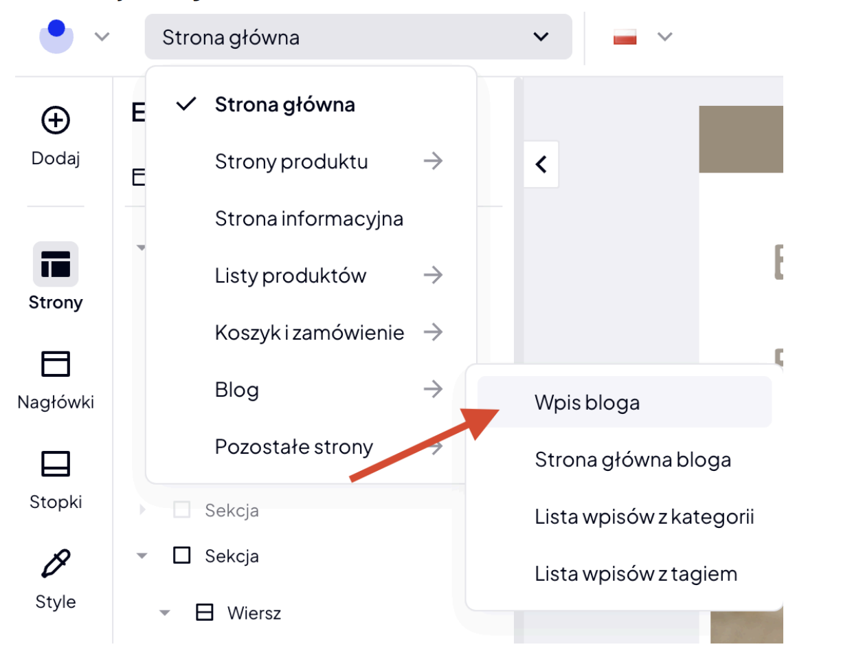 zrzut ekranu: lista rozwijana Blog › Wpis bloga