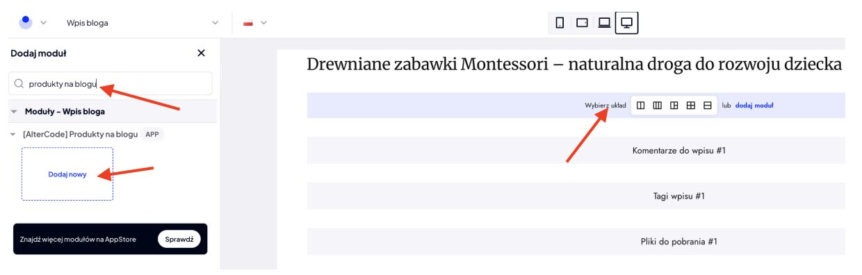 zrzut ekranu: wstaw moduł Produkty na blogu