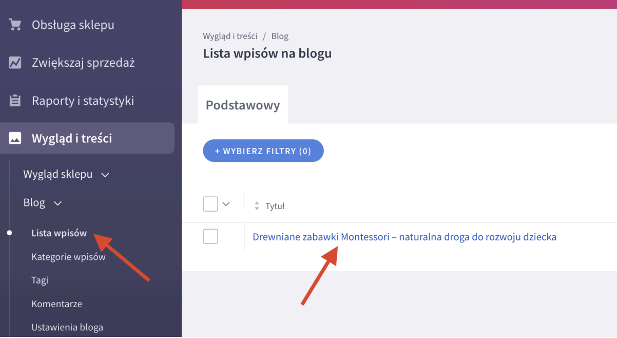 zrzut ekranu: lista wpisów w panelu administracyjnym