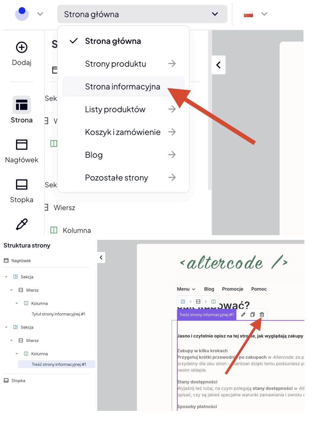 zrzut ekranu: podmiana modułu na stronie informacyjnej
